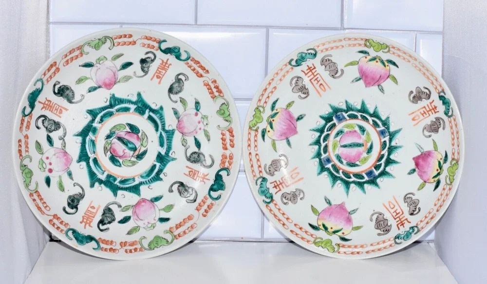 Antique Chinese Bowls with Peaches and Bats Guangxu Late Qing Set